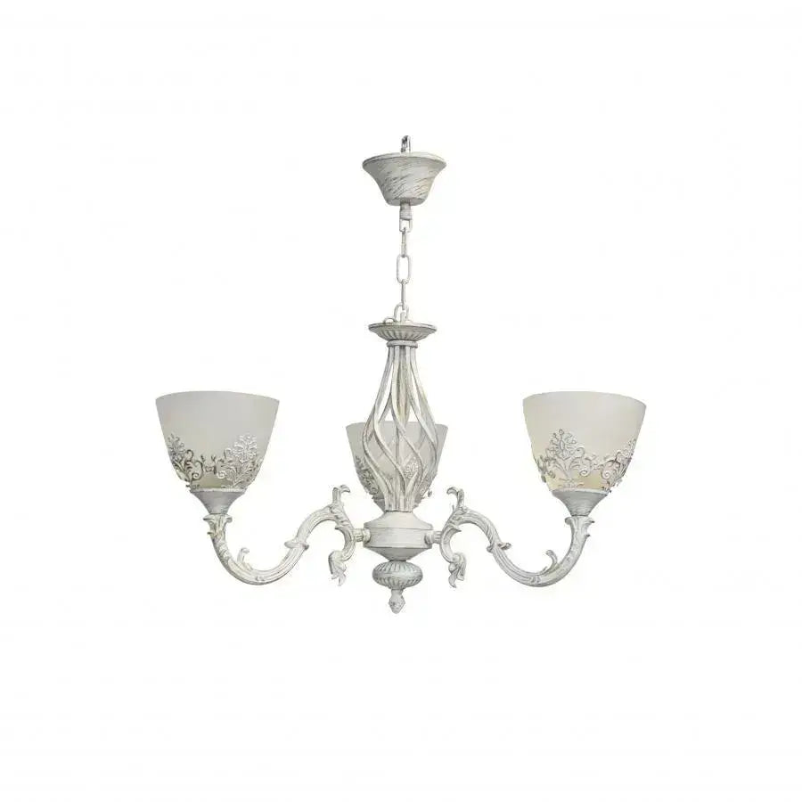 Rustic COTTAGE Chandelier, 3*E27, White, Metal and Glass