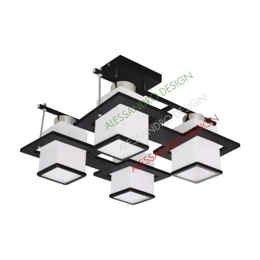 Classic Aramis Chandelier with Wood Square Lampshade 4 X E27 Socket Black White