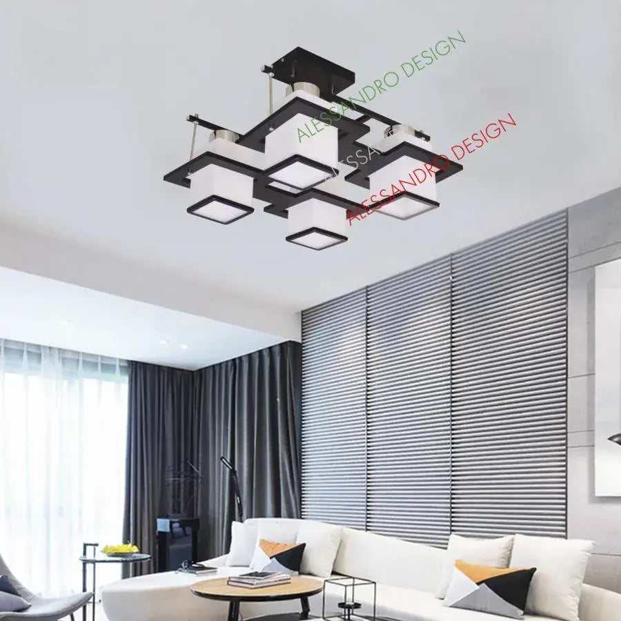 Classic Aramis Chandelier with Wood Square Lampshade 4 X E27 Socket Black White