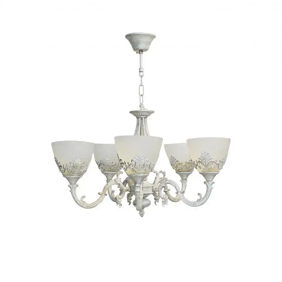 Rustic COTTAGE Chandelier, 5*E27, White, Metal and Glass