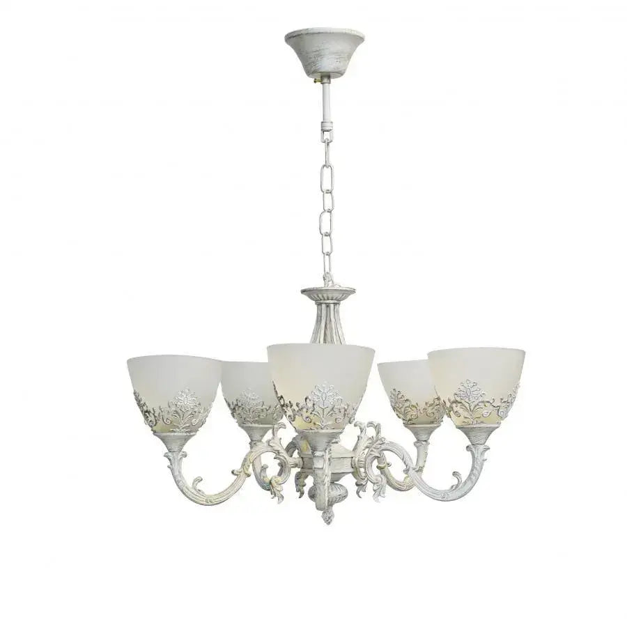 Rustic COTTAGE Chandelier, 5*E27, White, Metal and Glass