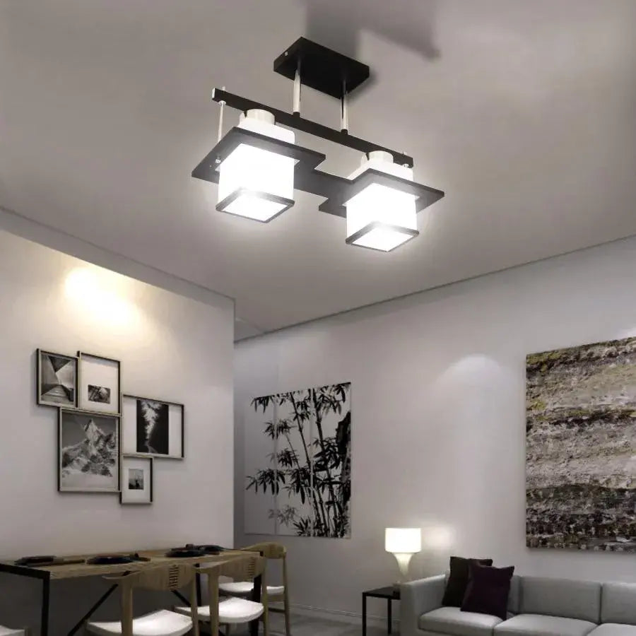 Classic Aramis Chandelier with Wood Square Lampshade 2 X E27 Socket Black White
