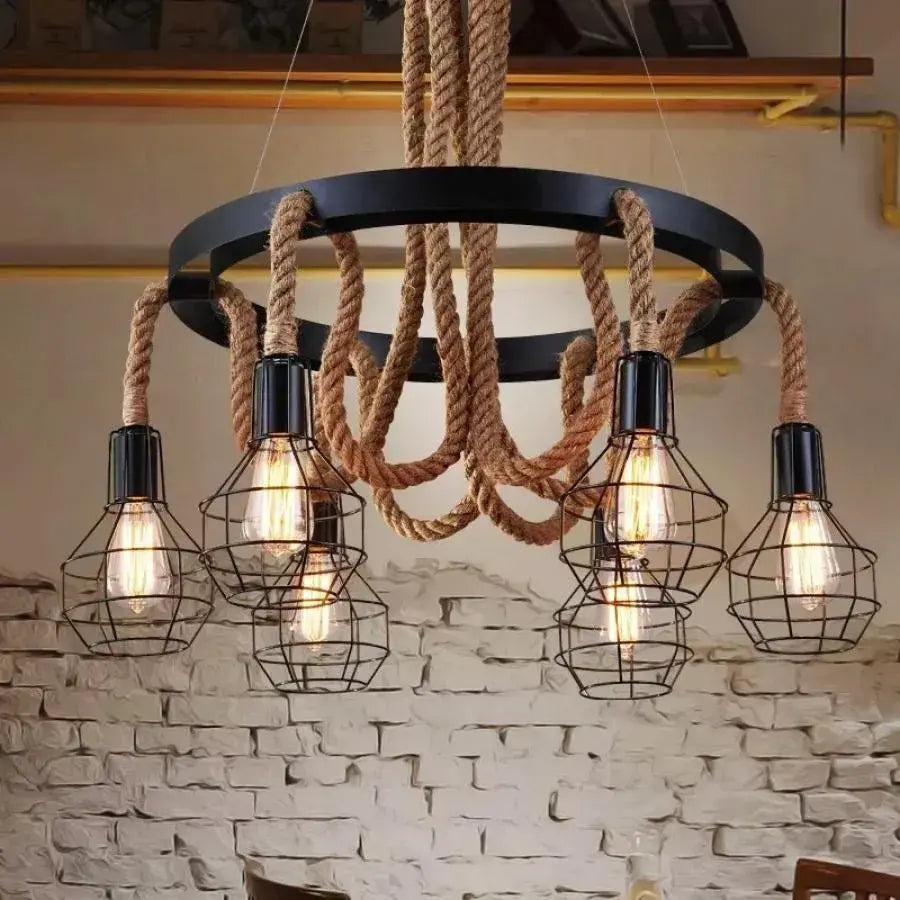 Andy Chandelier 6x E27 Metal and Brown Rope