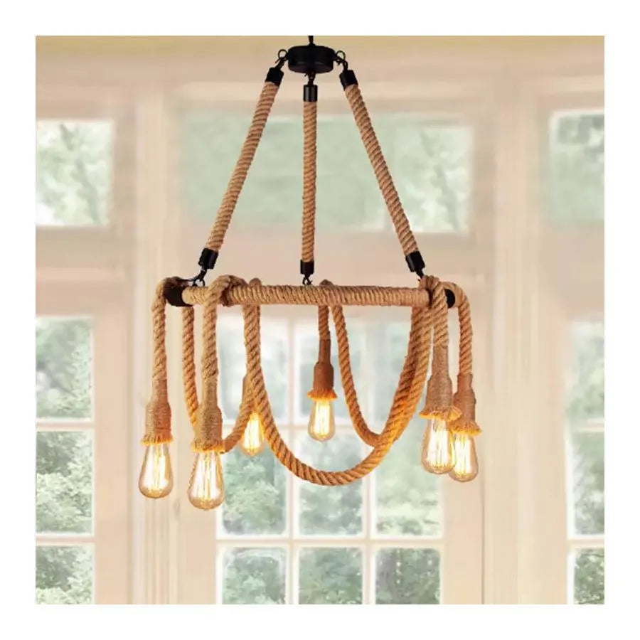 Rustic Cord Chandelier 6x E27 Circular Hanging Rope