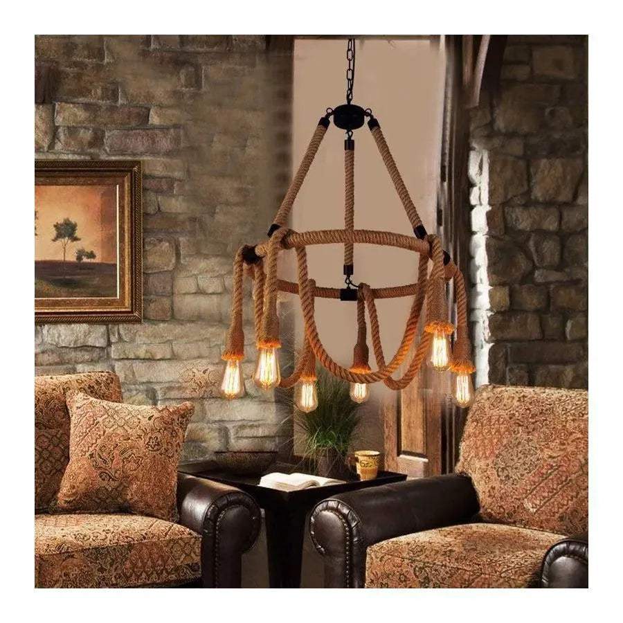 Rustic Cord Chandelier 6x E27 Circular Hanging Rope