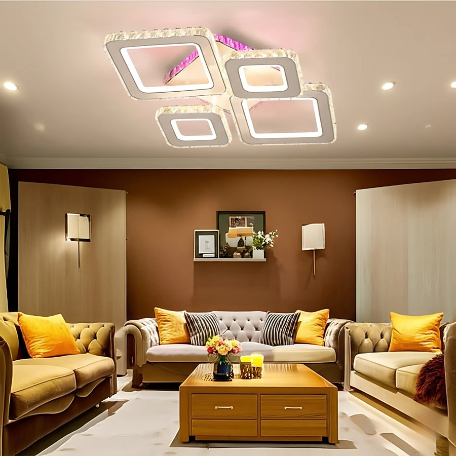 TERRANO LED Chandelier with Crystals, 4 Squares, RGB, with Remote Control, 162W, White &amp; Stainless Steel 