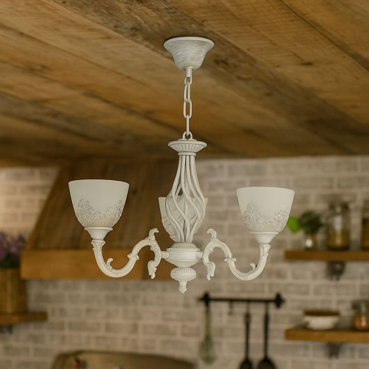 Rustic COTTAGE Chandelier, 3*E27, White, Metal and Glass