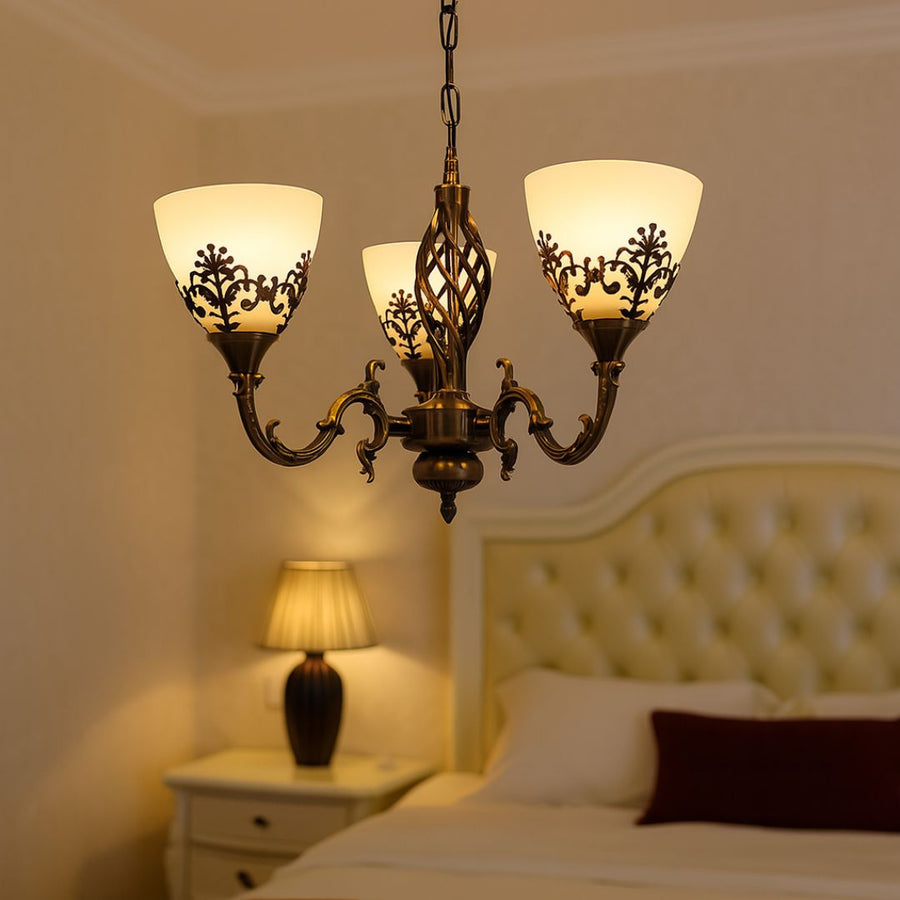 Rustic COTTAGE Chandelier, 3*E27, Antique Bronze, Metal and Glass