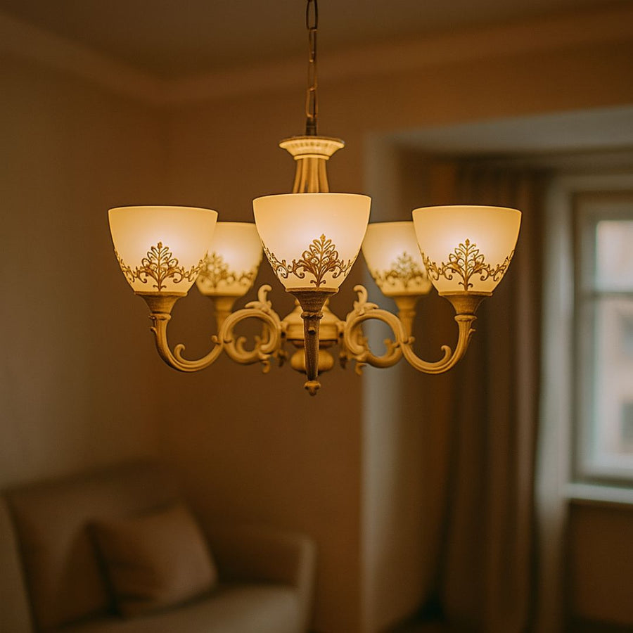 Rustic COTTAGE Chandelier, 5*E27, White, Metal and Glass