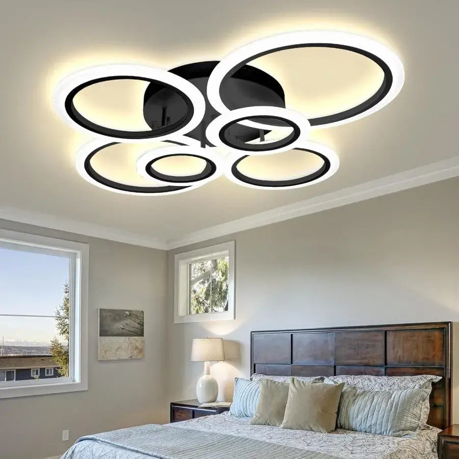 LED Chandelier with Remote Control, Betty, 6 Circles, 82W, Cold/Warm/Neutral Light, Dimmable, Black