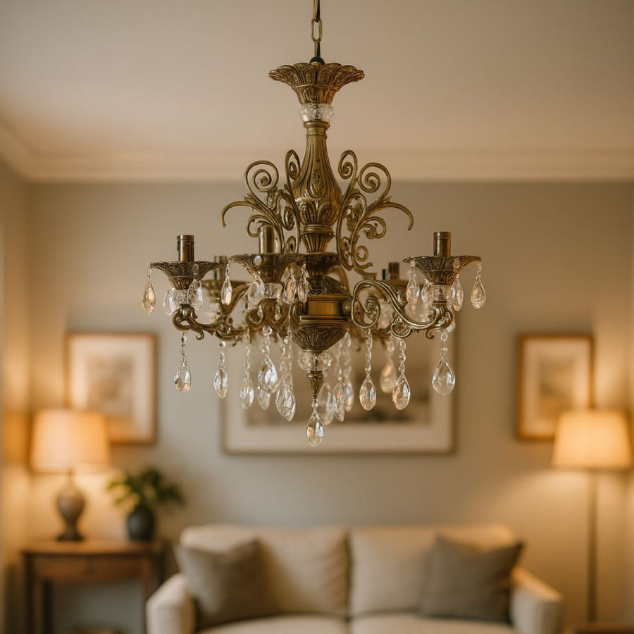 SANSSOUCI Chandelier 6xE14 Metal and Crystal Adjustable Height Antique Brass