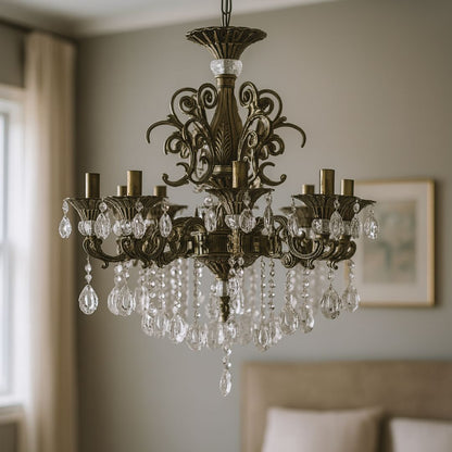 SANSSOUCI Chandelier 8xE14 Metal and Crystal Adjustable Height Antique Brass