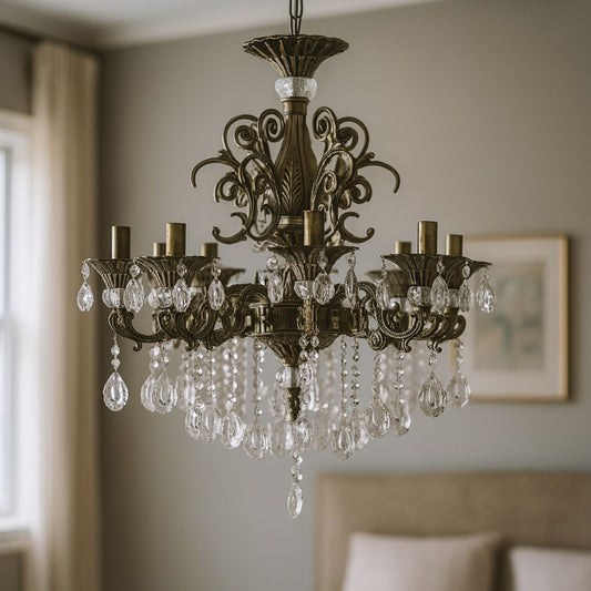 SANSSOUCI Chandelier 8xE14 Metal and Crystal Adjustable Height Antique Brass