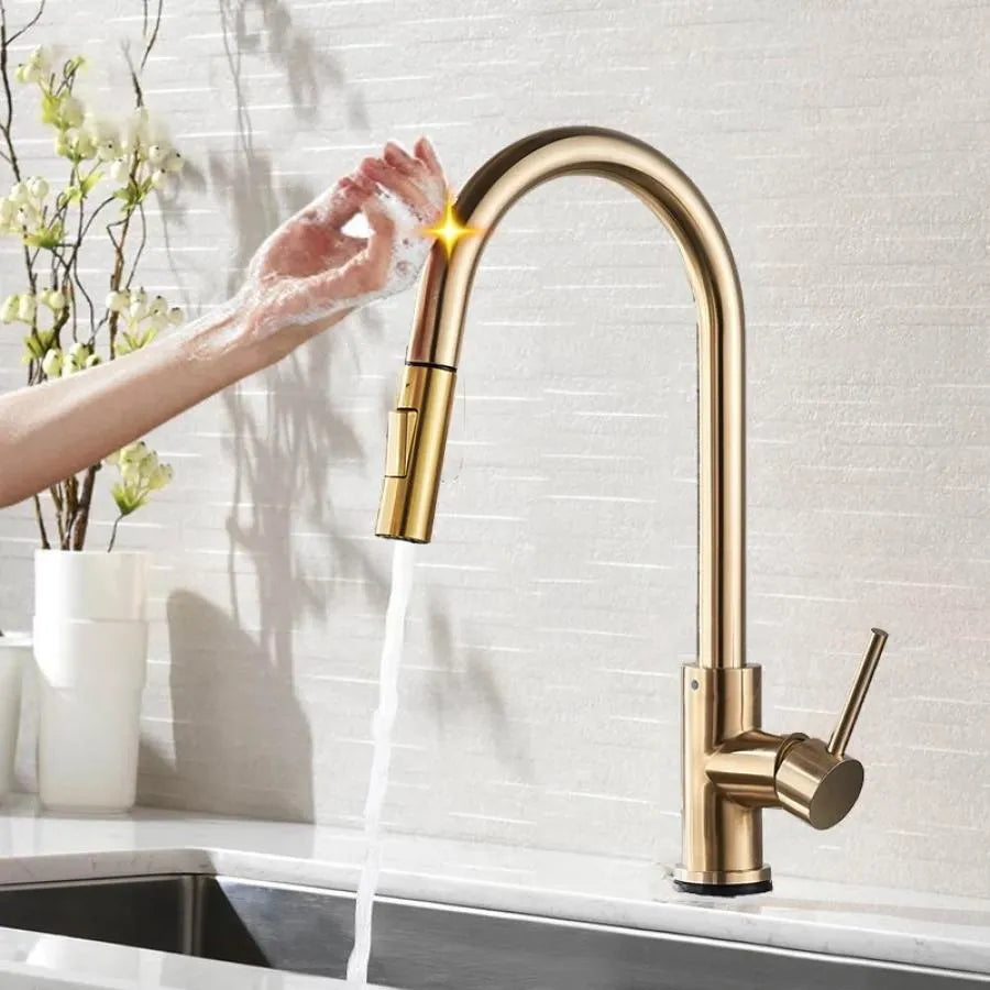 Kitchen Faucet with Pull-out Spray, Spout with Touch for On/Off, SUS304 Stainless Steel, CF/TOUCH/3