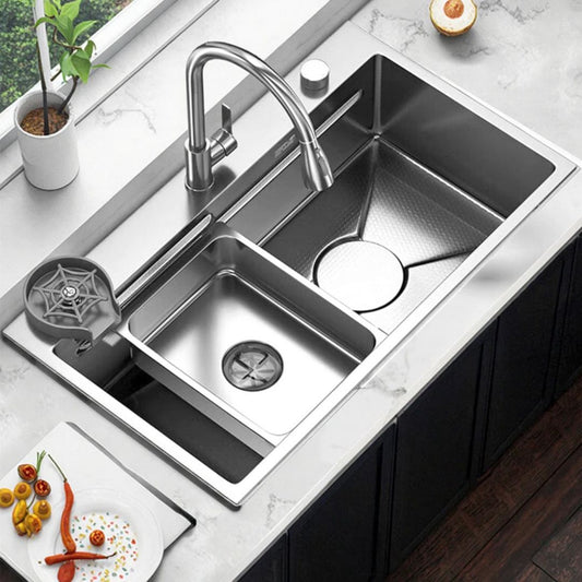 Stainless Steel Kitchen Sink Set with Double Faucet, Universal Bowl with Drain Plug, Glass Washer, Graphite Black, 75x45X21cm