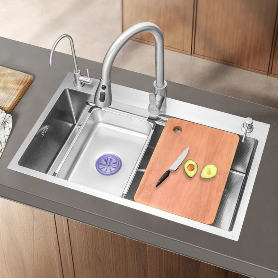 Stainless Steel Kitchen Sink Set with Double Faucet, Universal Bowl with Drain Plug, Glass Washer, Graphite Black, 75x45X21cm