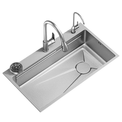Stainless Steel Kitchen Sink Set with Double Faucet, Universal Bowl with Drain Plug, Glass Washer, Graphite Black, 75x45X21cm
