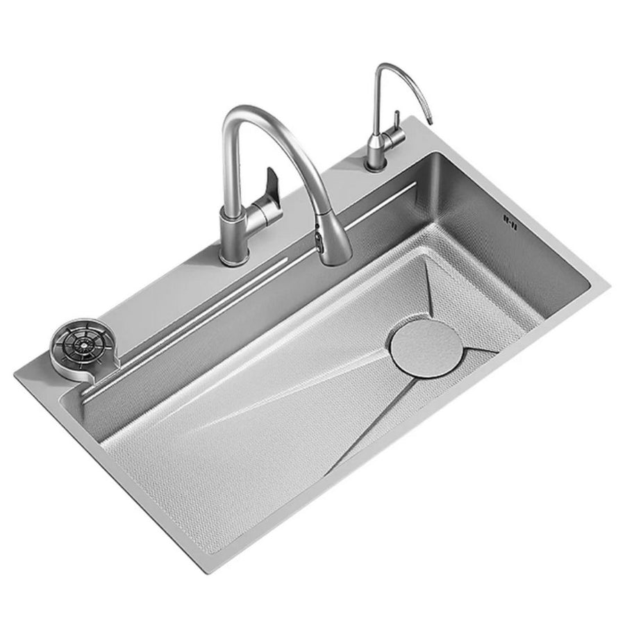 Stainless Steel Kitchen Sink Set with Double Faucet, Universal Bowl with Drain Plug, Glass Washer, Graphite Black, 75x45X21cm