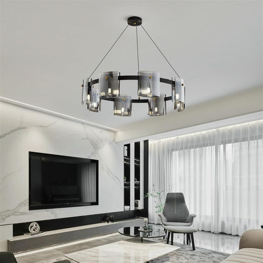 Modern Chandelier, Valmontreux Largo, 8xG9, Diameter 80cm, Black and Gray Crystals, Adjustable Height, Metal and Crystal