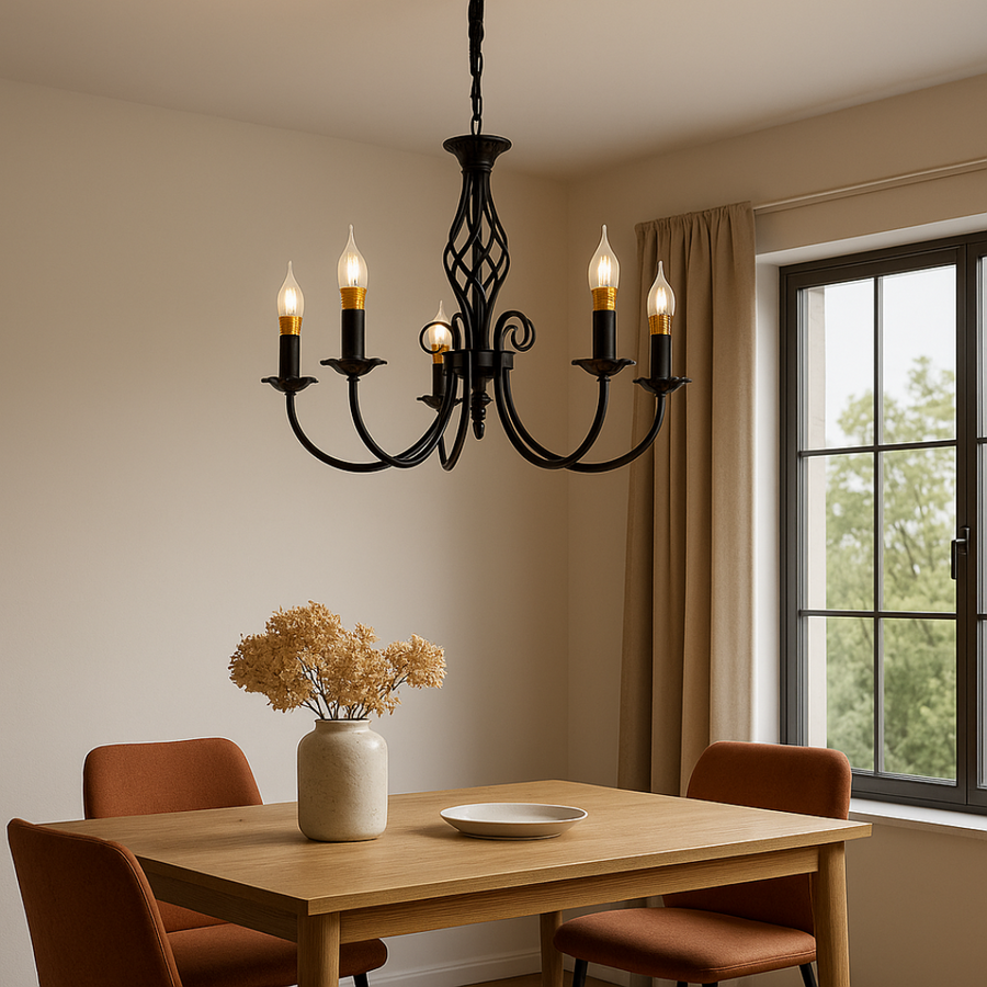 Crystal chandelier pearl, 5xe14, black, adjustable height