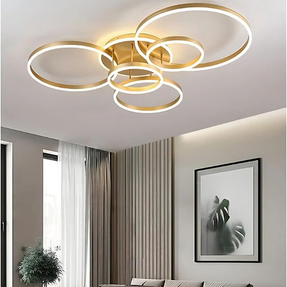 LED Chandelier with DARIO Remote Control, 5 circles, 138W, Warm/Cold/Neutral Light, Dimmable, Gold