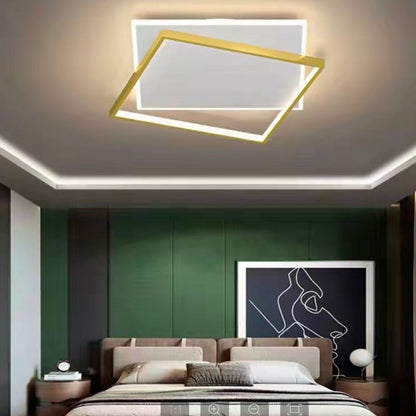 LED chandelier with solar remote control, 98W, 2 squares, cold/hot/neutral light, unstable, golden