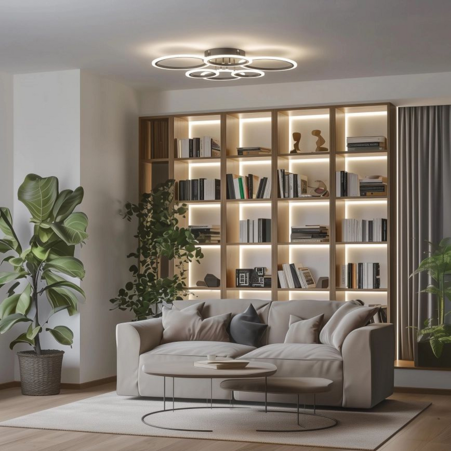 LED Chandelier with Remote Control, Betty, 6 Circles, 82W, Cold/Warm/Neutral Light, Dimmable, Black