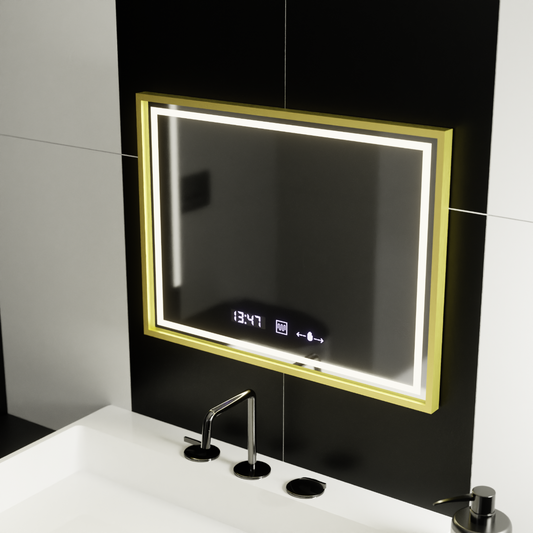 Oglindă LED rectangulară 80x60cm Verite Royale Gold cu MotionGlow, sistem dezaburire, ceas și termometru
