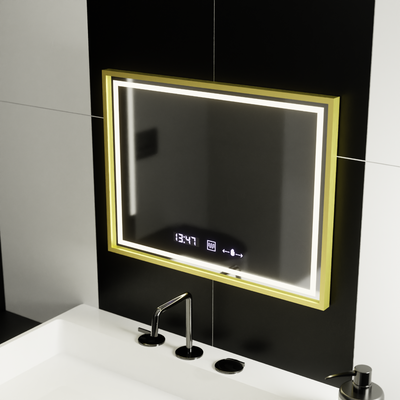 Rectangular LED mirror, 80x60cm, Verite Royale Gold MotionGlow Marcello, Demister System, Clock & Thermometer, Dimmable