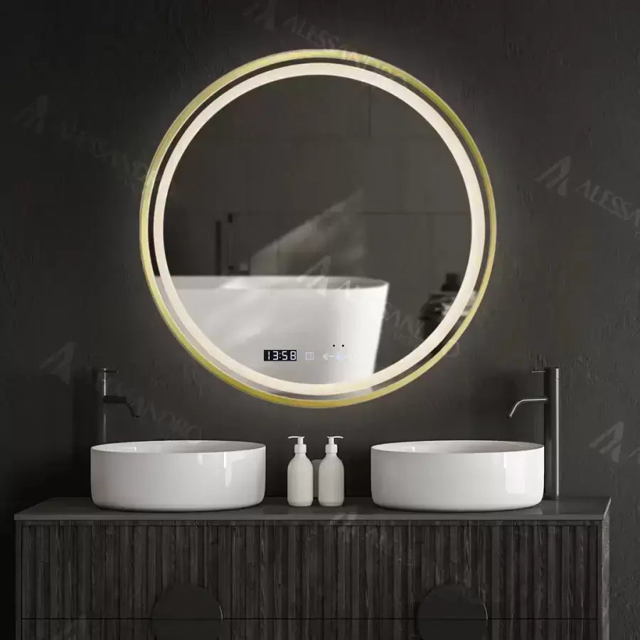 60cm Celest Royale Gold MotionGlow Marcellow Mirror Mercello Clock Defrost & Dimable Thermometer