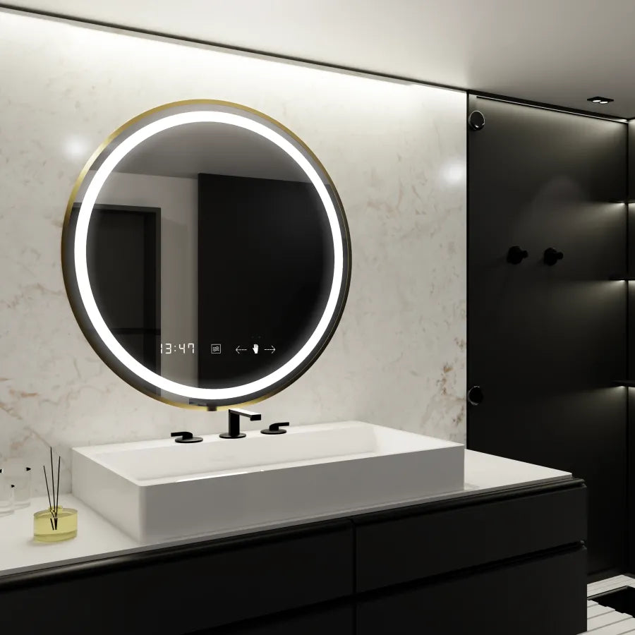 60cm Celest Royale Gold MotionGlow Marcellow Mirror Mercello Clock Defrost & Dimable Thermometer