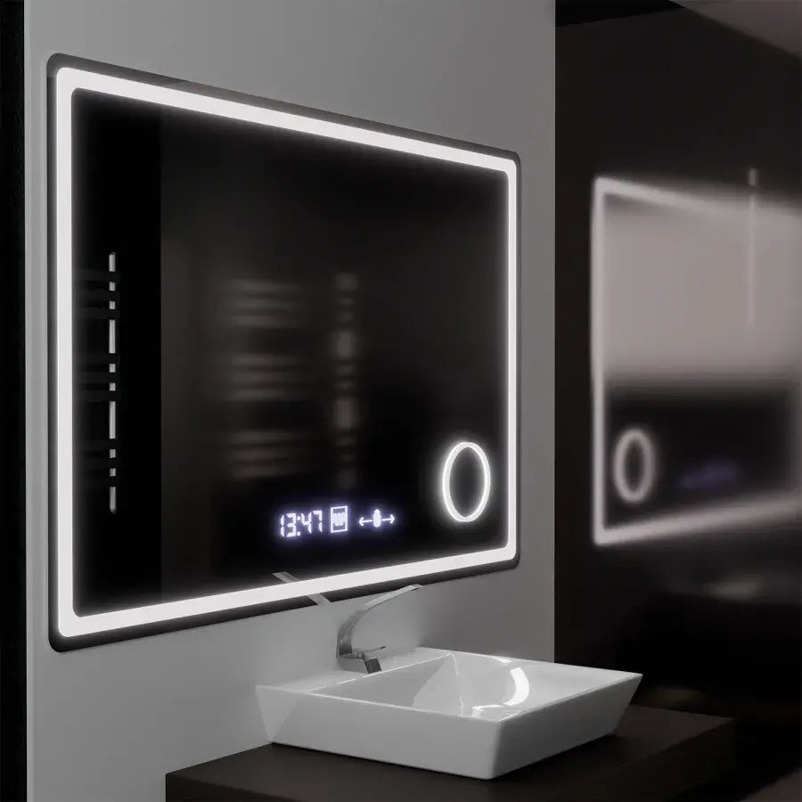 Mirror LED rectangular 120x80cm Souverain Motionglow Marcello Dismantic Clock System & Dimable Cosmetic Terometer