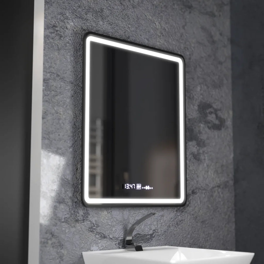 Favola Touch LED Mirror Defog System Black Frame Clock and Temperature 75x90 cm Marcello Funghi Collection 
