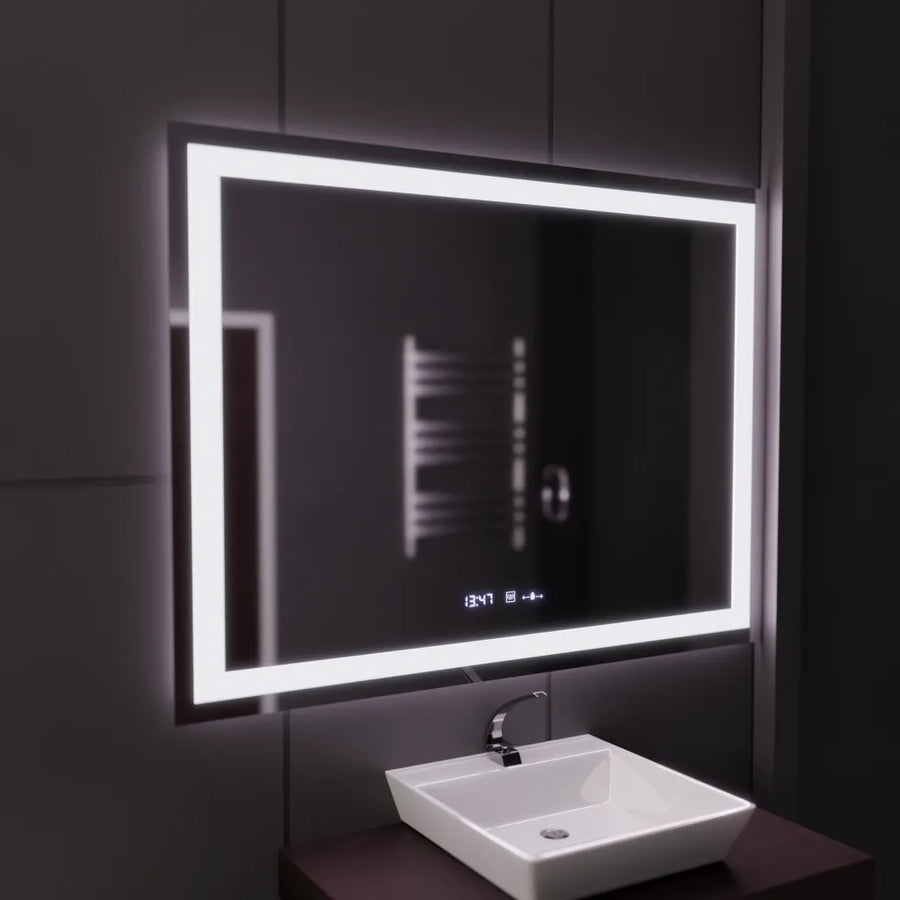 Rectangular LED Mirror 120x80cm Vérité MotionGlow Marcello, Defog System, Thermometer and Clock, Dimmable 