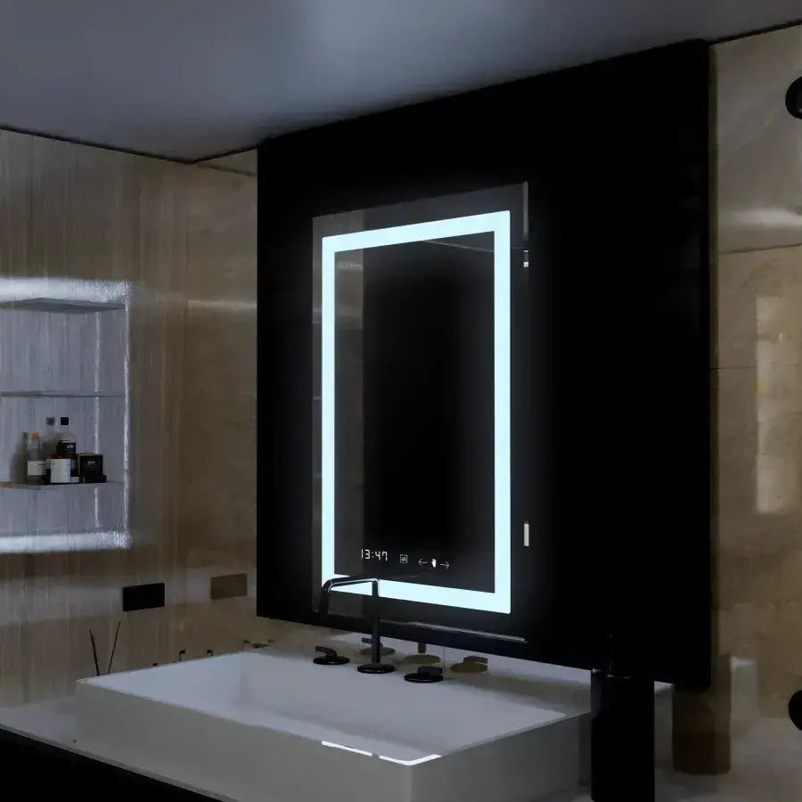 Rectangular LED mirror 75x90cm Verite MotionGlow Marcello Dimable Clock Defrition System