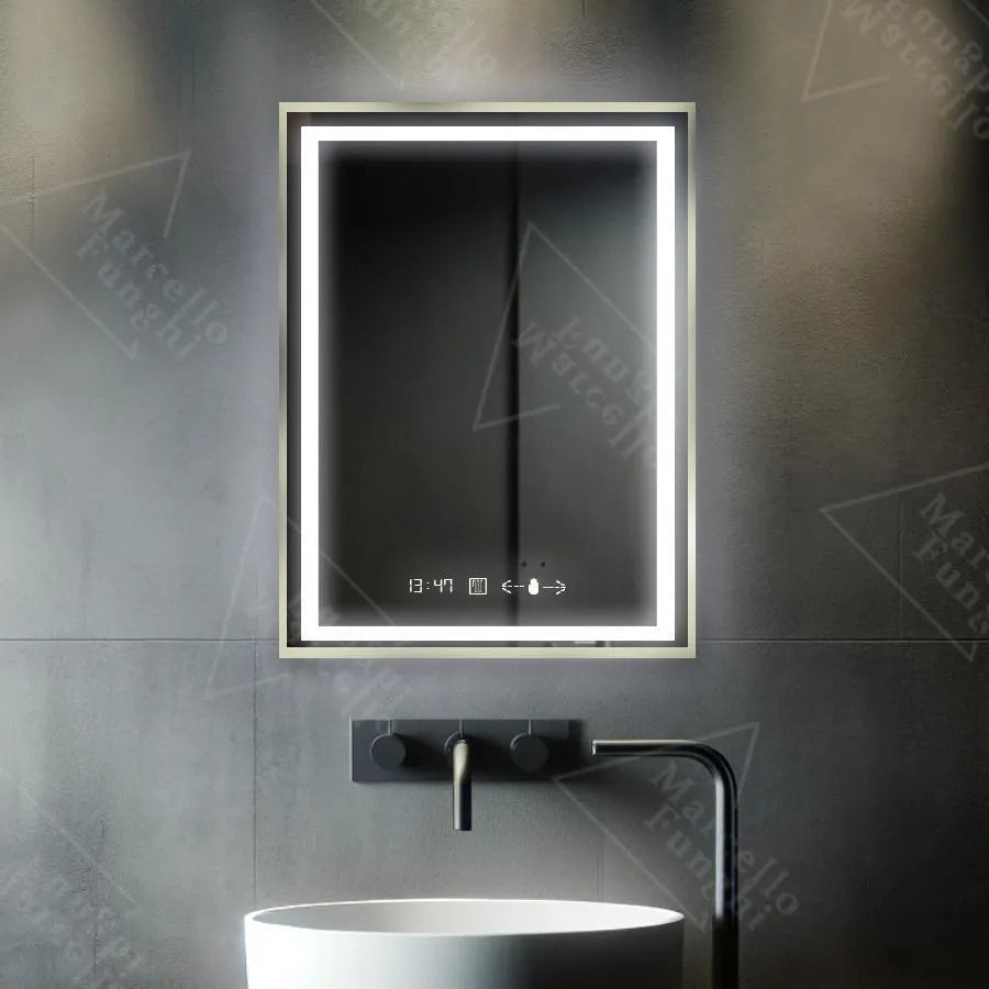 Mirror LED rectangular 60x80cm Verite Royale Gold Motionglow Marcello Dimable Clock Defrosting System