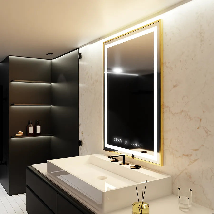 Mirror LED rectangular 60x80cm Verite Royale Gold Motionglow Marcello Dimable Clock Defrosting System