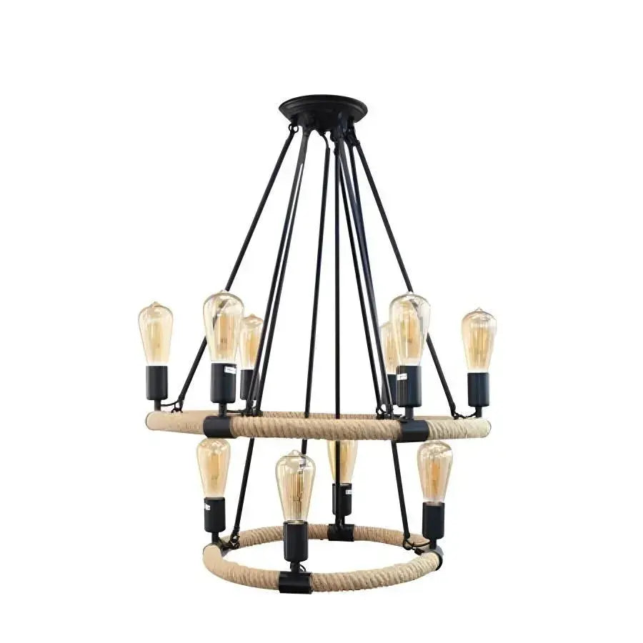 Rustic Chandelier, 10*E27, Brown, Metal and Rope