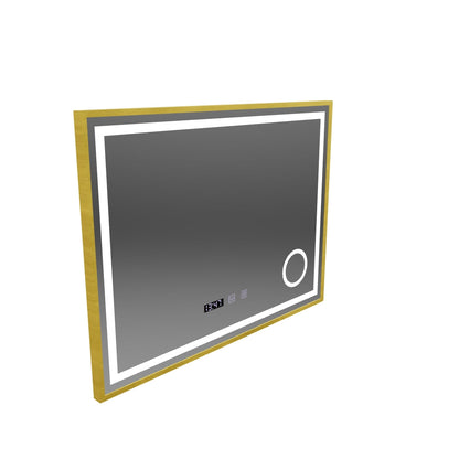 Rolf Touch LED Mirror Defog System, Clock and Temperature 80x60 cm Brushed Gold Frame Cosmetic Magnifier