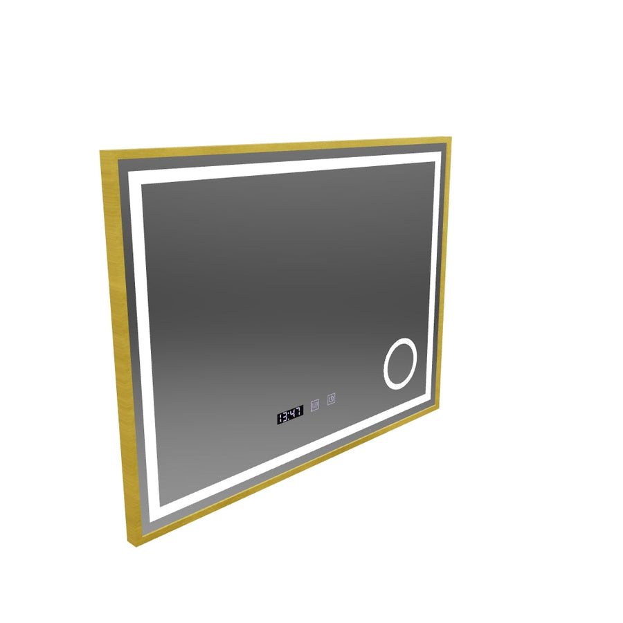 Rolf Touch LED Mirror Defog System, Clock and Temperature 80x60 cm Brushed Gold Frame Cosmetic Magnifier