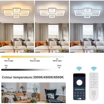 LED chandelier with remote control ELLA 85W, 4 Squares, Cold/Warm/Neutral light, Dimmable, White