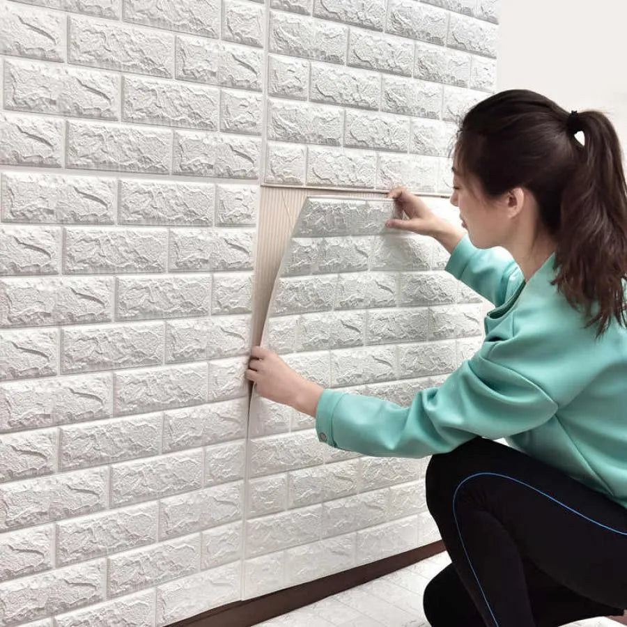 Set of 10x 3D self-adhesive wallpaper White Bricks made of soft foam, 70cm x 77cm x 2 mm