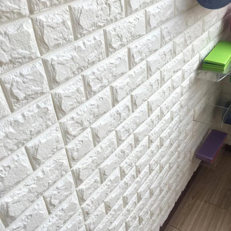 Set of 10x 3D self-adhesive wallpaper White Bricks made of soft foam, 70cm x 77cm x 2 mm