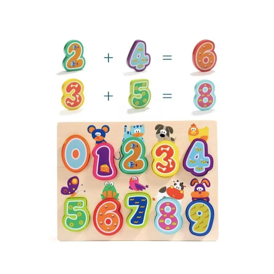 Multicolored Animal and Number Board, 11 Pieces, Wood