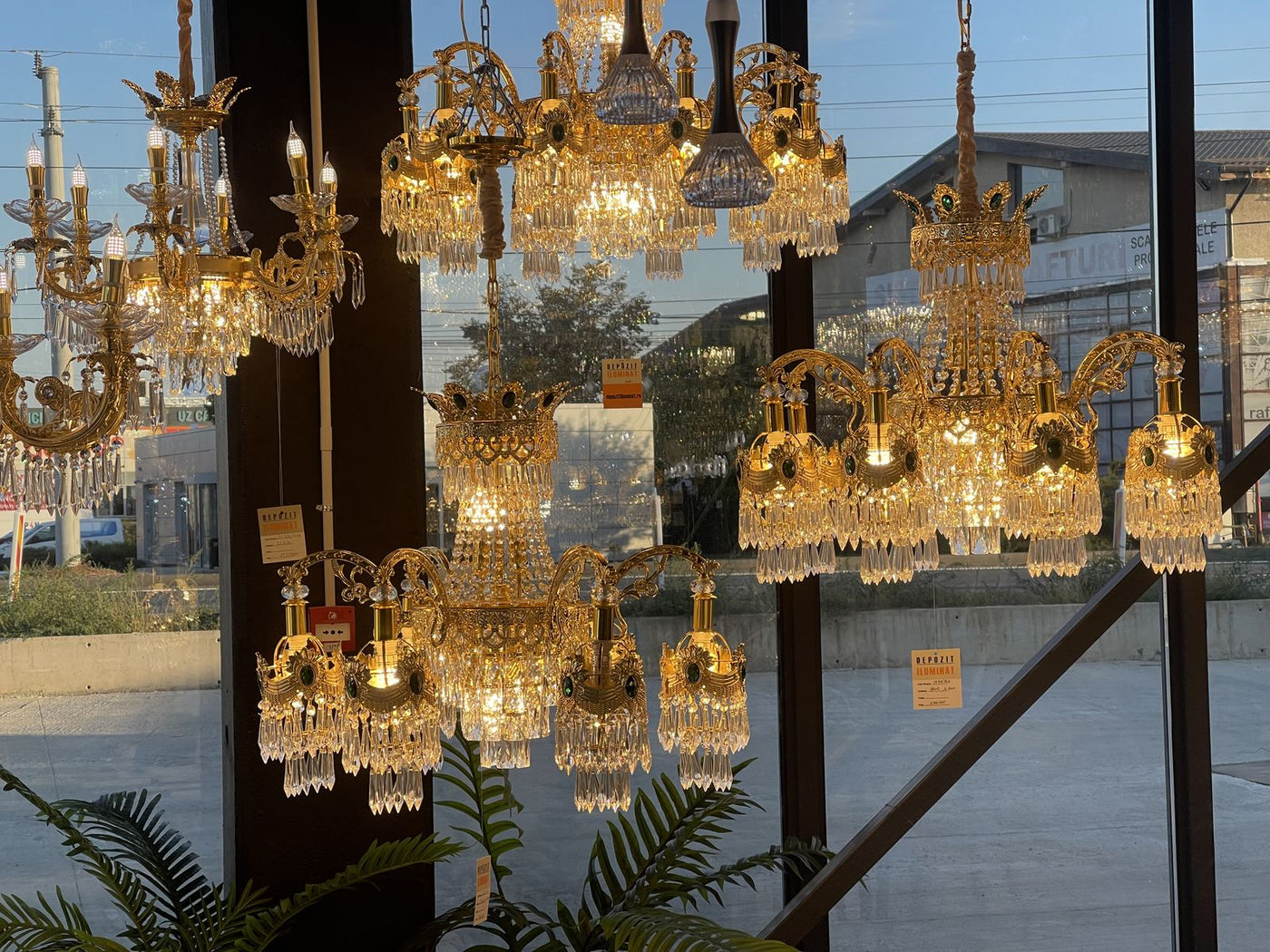 Crystal chandeliers in the Alessandro Design showroom in Afumați