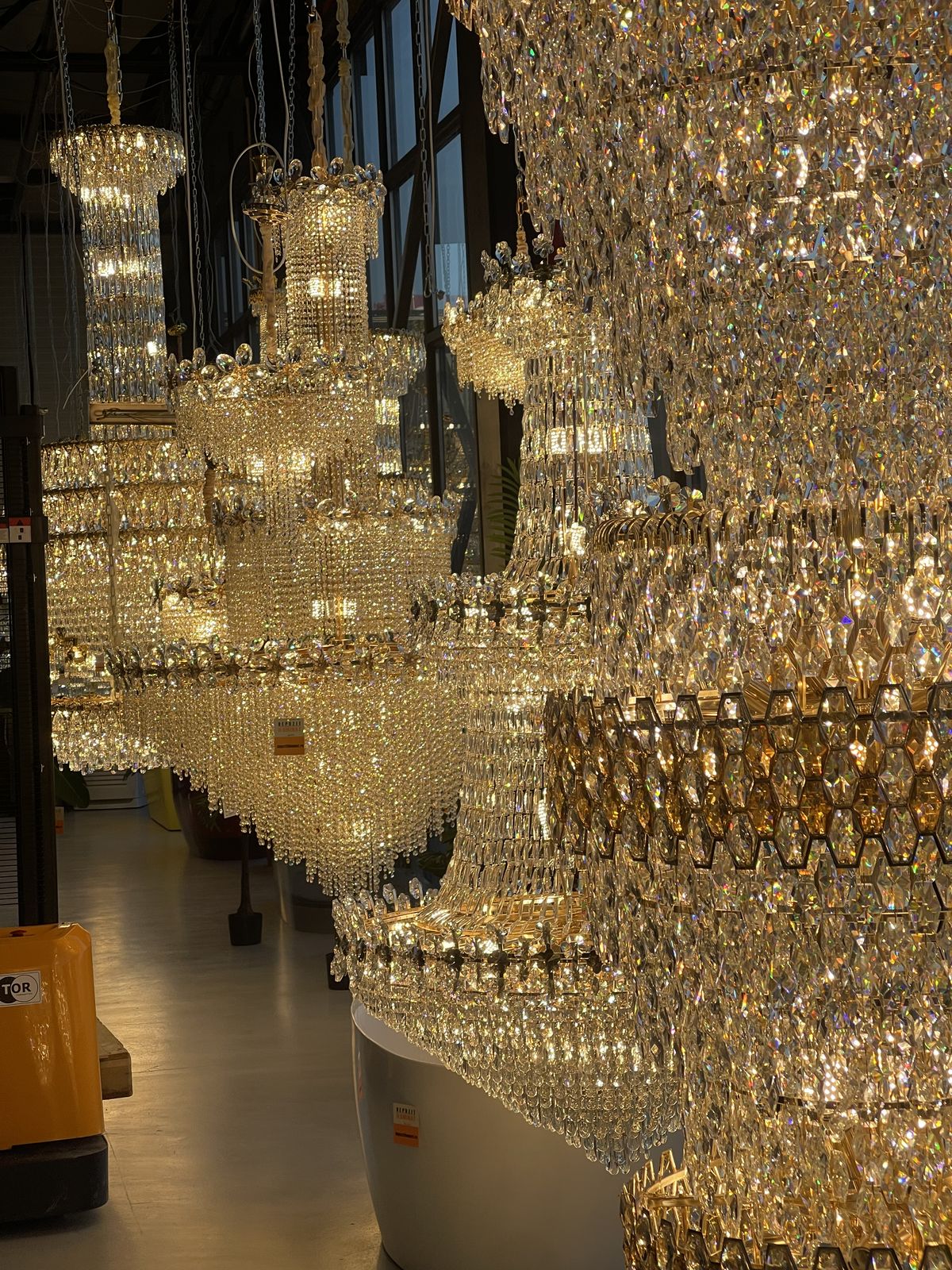 Crystal chandeliers in the Alessandro Design showroom in Afumați