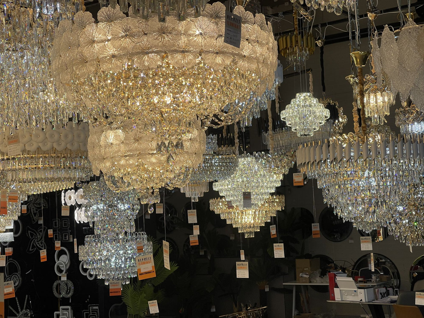 Crystal chandeliers in the Alessandro Design showroom in Afumați