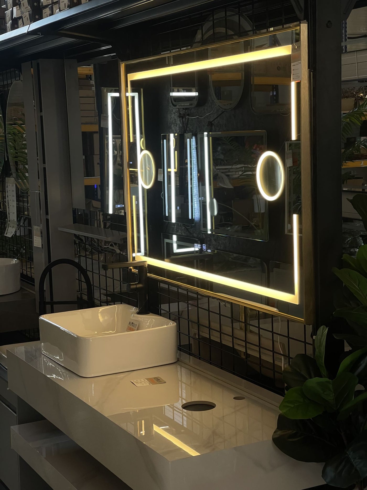 LED mirrors and bathroom fittings in the Alessandro Design showroom in Afumați