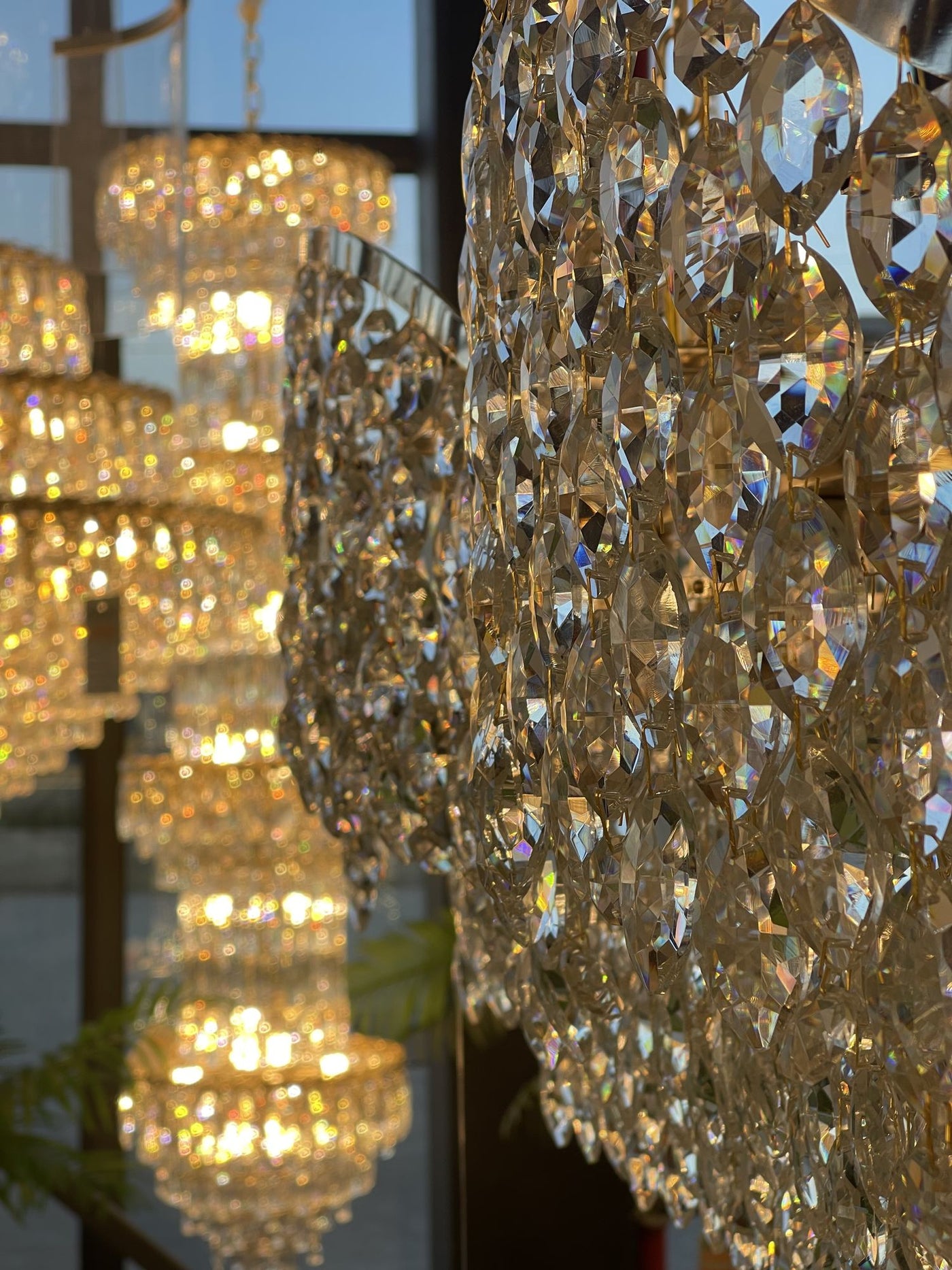 Crystal chandeliers in the Alessandro Design showroom in Afumați