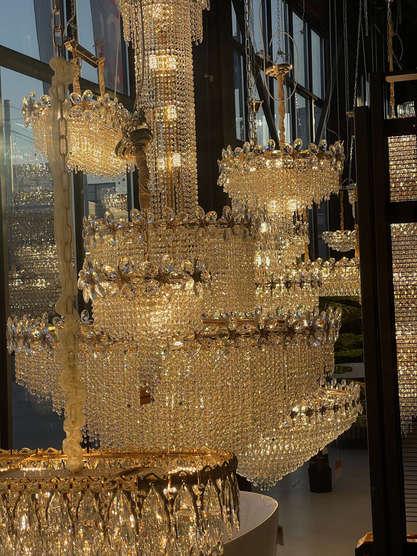 Crystal chandeliers in the Alessandro Design showroom in Afumați